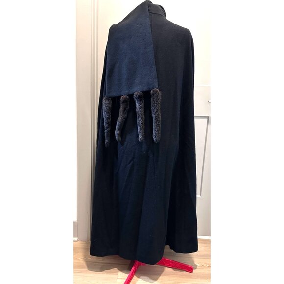 TRILOGI Vtg Coat Cape Wool with Fur Mink Trim Tail Scarf Black One Size Missy - Picture 5 of 7